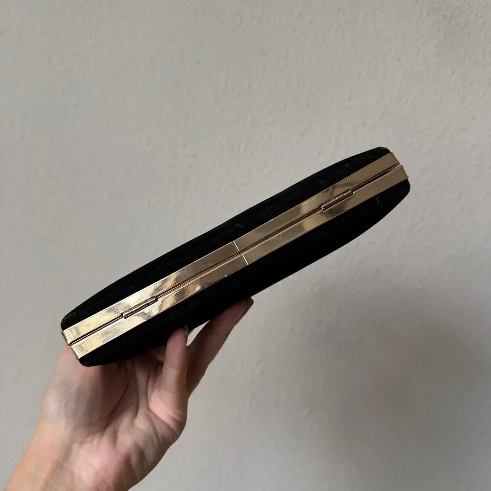 House of Harlow 1960 Black Velvet Gold Chain Box Clutch